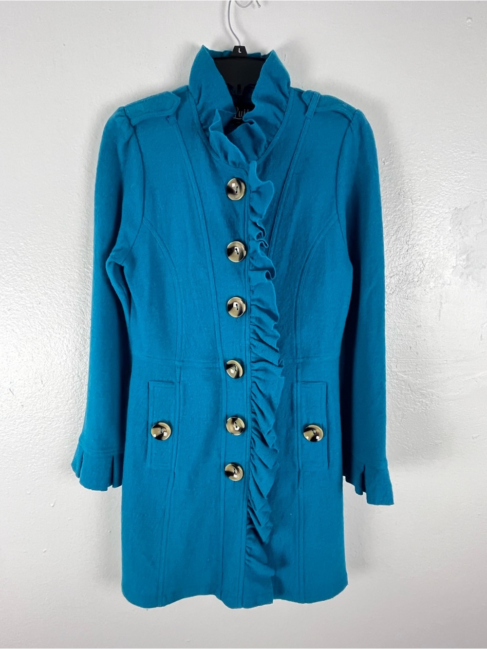 LUII Teal 100% Wool Button Ruffle Trim Dress Coat Size Medium Boho Chic Classy